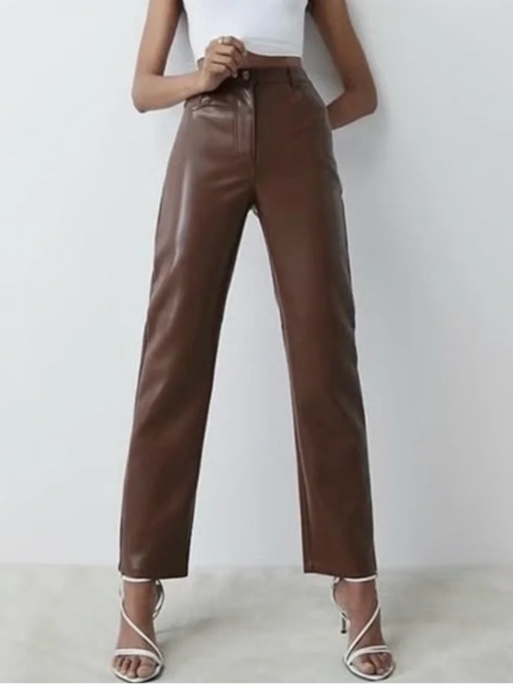 Wilfred| Aritzia| ‘Melina’ Brown Faux Leather Straight Leg High Waist Pants Sz 0